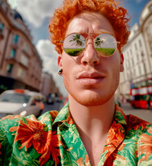 A man with vibrant red hair and reflective sunglasses taking a selfie in a bustling urban setting, showcasing his modern and custom style with colorful floral attire.