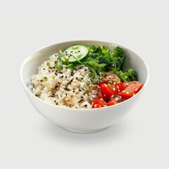 Wall Mural - A serving of brown rice in a white bowl, paired with steamed vegetables and a light soy sauce drizzle, against a clean, bright background