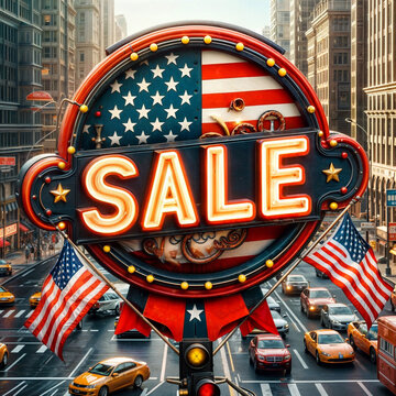 A text sale sign with the American flag on it, 3d graphic illustration generative ai	