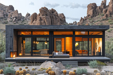 modern desert oasis with minimalist design, featuring an outdoor lounge area, earthy materials, ligh