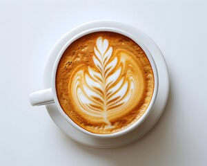 Wall Mural - Artful Latte with Leaf Shaped Foam on White Background