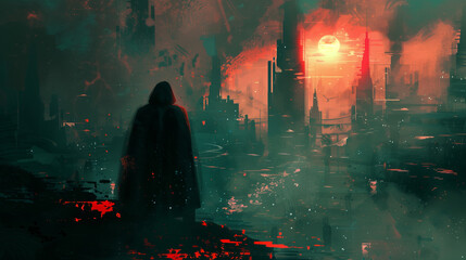 A hooded figure stands before a dystopian futuristic cityscape under a red sky, evoking mystery and intrigue