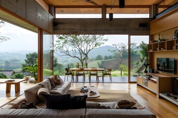 Poster - Cozy and Spacious Modern House Interior with Panoramic Nature View