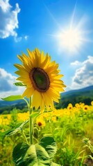 Canvas Print - Radiant Sunflower Blooming in Lush Green Meadow Under Bright Blue Sky with White Fluffy Clouds