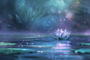 Poster - Enchanting Lotus Flower Adrift in a Tranquil Mystical Pond, Surrounded by Vibrant Foliage and Luminous Reflections