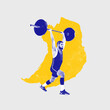 © master1305 - Male weightlifter lifting barbell against white background with yellow abstract elements, Fitness center promotions. Contemporary art collage. Sport, weightlifting, power, strength, ad concept
