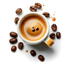 Canvas Print - Freshly Brewed Espresso with Rich Crema and Coffee Beans on White Background