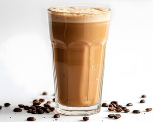 Poster - Tall glass of frothy milk coffee against a minimalist white background  showcasing the artful presentation of a classic coffee drink concept