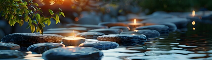 Poster - Tranquil Zen Garden at Dusk with Floating Candle on Serene Pond Surrounded by Smooth Stones