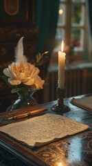 Poster - Vintage Writing Desk with Quill Parchment and Softly Flickering Candle Light