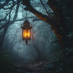 Poster - Mysterious Foggy Forest Path Illuminated by Hanging Lantern Candle