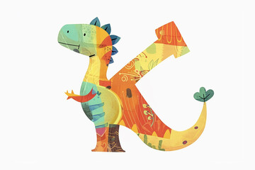Wall Mural - Colorful dinosaur letter K for kids isolated on white background, funny cartoon dino alphabet, creative font design for children education in school, preschool and kindergarten