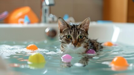 Poster - A tabby cat exploring a bathtub filled with warm water and floating toys, before bath time