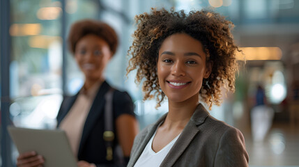 Business woman holding a laptop and standing with her colleague