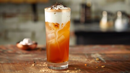 Wall Mural - A tall glass filled with Thai iced tea topped with a layer of creamy milk foam and a sprinkle of tea leaves