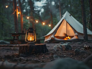 Canvas Print - Cozy Camping Setup with Lantern and Campfire in Rustic Forest at Dusk