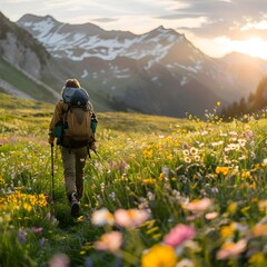 Canvas Print - Hiker Exploring Sunlit Meadow with Blooming Wildflowers and Distant Mountains