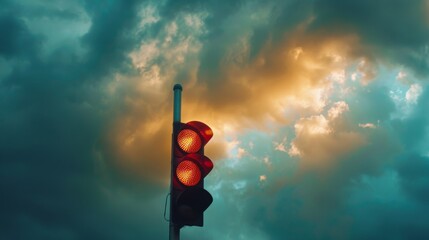 Poster - A traffic light against a dramatic cloudy sky, symbolizing weather conditions affecting traffic
