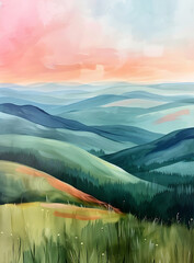 Wall Mural - Tranquil abstract landscape painting in soft hues of green, pink, and blue, capturing the peaceful charm of rolling hills