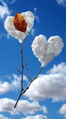 Wall Mural - White heart shaped leaves on a branch, symbolizing purity and love, serene outdoor photography