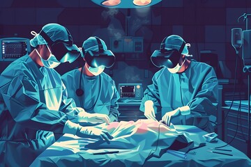 Poster - Surgeons Performing High-Tech Autopsy with WiFi Headsets in Medical Workspace