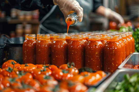 A worker carefully filling bottles with homemade hot sauce in a workshop, surrounded by fresh tomatoes and ingredients, emphasizing artisanal production.