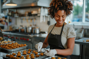 A cheerful baker prepares trays of freshly baked cookies in a professional kitchen, showcasing her culinary skills and joy.