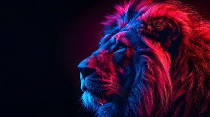 Wall Mural - Vibrant Neon Lion with Glowing Mane on Dark Background