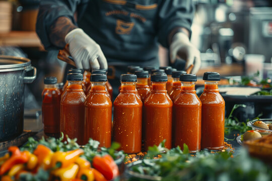 A worker in gloves bottling homemade hot sauce in a workshop, surrounded by fresh peppers and ingredients, highlighting artisanal production.