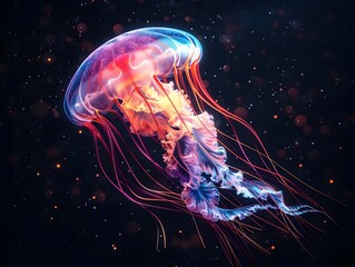 Poster - Glowing Neon Jellyfish Floating Gracefully in Surreal Oceanic Scene