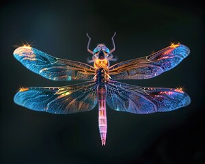 Poster - Glowing Neon Dragonfly with Iridescent Wings Hovering on Black Background