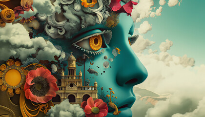 Wall Mural - A surreal artwork featuring a blue face with intricate details surrounded by clouds flowers and fantastical elements creating a dreamlike fantasy world