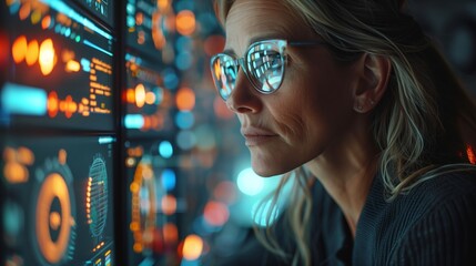 Poster - woman in glasses looking at data on computer screens in dark room