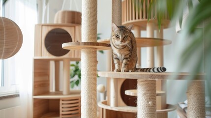 Poster - Close-up of a modern cat condo with multiple levels and scratching posts, ideal for active cats