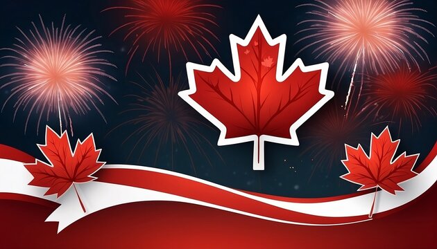 Happy Canada day, background, banner with fireworks and maple leaves, digital illustration created with generative ai.