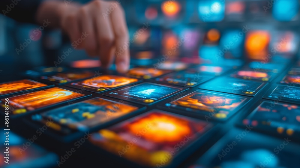 Hand selecting colorful gaming cards on a tabletop. Vibrant and intense ...