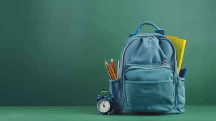 Wall Mural - Backpack with alarm clock and school supplies on green background. Back to school concept.