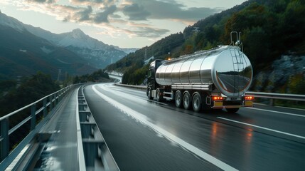 A large silver crude oil truck is running on the highway, surrounded by beautiful scenery. This represents the energy industry, modern land transport, and logistics.