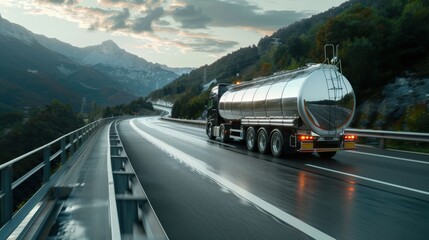 Wall Mural - A large silver crude oil truck is running on the highway, surrounded by beautiful scenery. This represents the energy industry, modern land transport, and logistics.