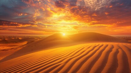 Aufkleber - A breathtaking sunset illuminates the sand dunes of a vast desert landscape. Fiery hues paint the sky, creating a sense of adventure and wonder. Generative AI