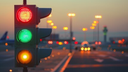 Poster - Close-up of traffic lights at an airport runway, guiding airplanes for takeoff and landing