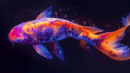 Wall Mural - Vibrant Neon Koi Fish Swimming with Intricate Glowing Patterns on Dark Background