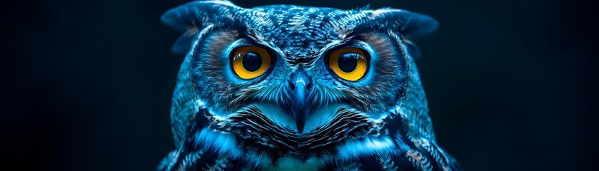 Wall Mural - Neon Owl with Glowing Eyes Perched in Ethereal Blue and Green Feathers on Black Background