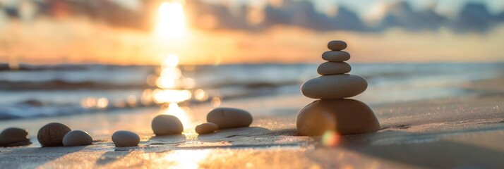 Wall Mural - rock stack balance at beach at sunset time