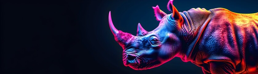 Poster - Neon Rhinoceros with Glowing Skin Stands Out Dramatically Against Darkness