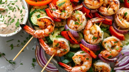 Canvas Print - Grilled shrimp skewers arranged neatly on a platter with grilled vegetables and dipping sauce