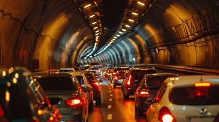 Aufkleber - Traffic congestion in a tunnel with cars slowly moving towards the exit during rush hour