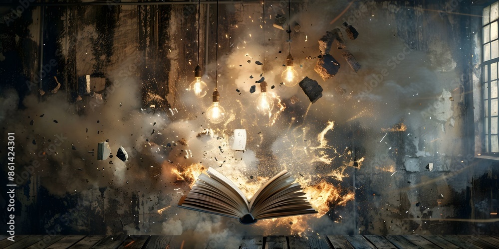 Vintagestyle light fixture with open book boom explode crash bang ...