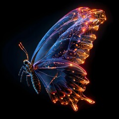 Wall Mural - Mesmerizing Neon Fairy Wing with Intricate Glowing Patterns on Black Background