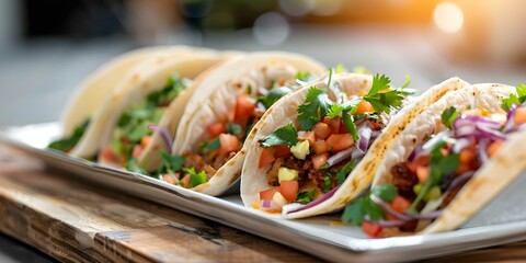 Canvas Print - Brightly lit tacos with fresh toppings evoking Cinco de Mayo celebration vibes. Concept Cinco de Mayo Tacos, Colorful Toppings, Festive Food Photography